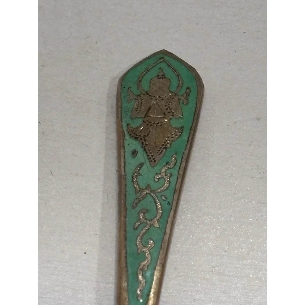 VTG Siam Thailand Demitasse Spoons Set 3 Brass Buddha Green Enamel Nickel Bronze